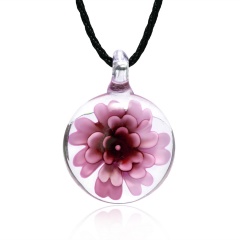 Transparent Round Inner Flower Glass Necklace Long Leather Chain For Women Pink Color