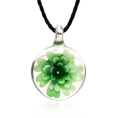 Transparent Round Inner Flower Glass Necklace Long Leather Chain For Women Green Color