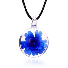 Transparent Round Inner Flower Glass Necklace Long Leather Chain For Women Navy blue Color