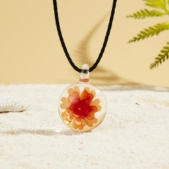 Transparent Round Inner Flower Glass Necklace Long Leather Chain For Women Orange Color
