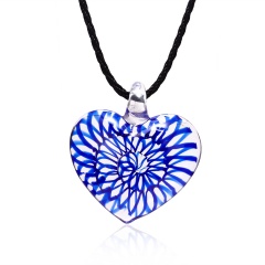 Transparent heart-shaped spiral pattern glass necklace dark blue