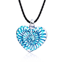 Transparent heart-shaped spiral pattern glass necklace blue