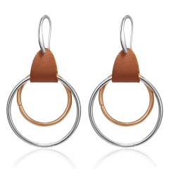 Fashion Geometric Double Round Rectangle Leather Hoop Earrings Women Jewelry Double Round