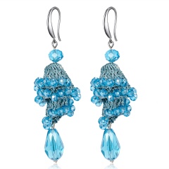 Fashion Crystal Beads Dangle Earrings Boho Long Tassel Women Handmade Ear Hook Blue