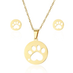 Gold Stainless Steel Necklace Earring Set Cat paw