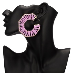 Winding hand-woven raffia geometric hexagon stud earrings Purple