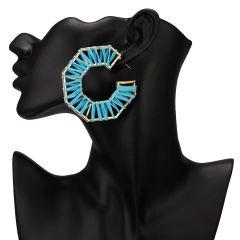Winding hand-woven raffia geometric hexagon stud earrings Blue
