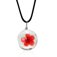 Natural Dried Flower Glass Dandelion Gypsophila Pendant Necklace Handmade Gift Red Peach Blossom
