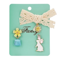 3pcs/set Bunny Bowknot Flower Pearl Painting Oil Paper Card Badge Small Brooch Set Rabbit