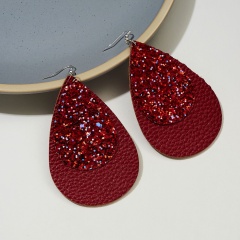 New Teardrop Faux Leather Dangle Earrings for Women Girl Fashion Glitter Waterdrop Leather Earrings Flash PU Drop Earring Red