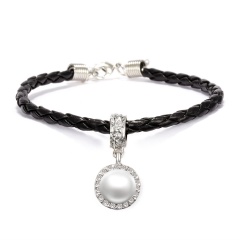 Inlay Rhinestone Leather Bracelet With Pearl Bracelet Black