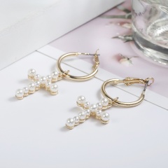 New Fashion Women's Cross Drop Earrings White Imitation Pearl Dangle Earrings Women's Brinco Elegant Gift Jewelry Cross