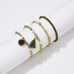 Multilayer beaded alloy natural stone crystal tassel elastic bracelets sets green