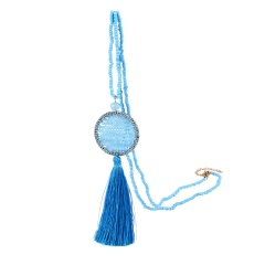 Boho Tassel Sweater Hand Beaded Necklace 78+6CM blue