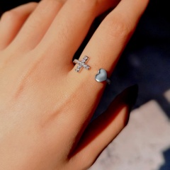 Love Heart Diamond Cross Open Ring (Size: Adjustable Opening/Material: Alloy + Rhinestone) White