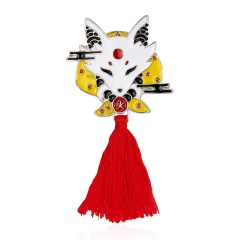 Vintage Animal Alloy Tassel Brooch Japanese Rabbit Fire Fox Snake Kendo Deer Enamel Pin Hat Ninja Mask Badge Red Fringe Jewelry fox