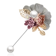 Triple Colorful Fabric Rose Flower Bow Rhinestone Crystal  Pin Pearl Brooch Accessories For Coat Leaf Flower 2