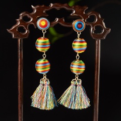Fashion Bohemian Tassel Long Earring Colorful Cotton Fabric Drop Dangle Fringe Earring Vintage Ethnic Ball Wedding Party Jewelry Colorful