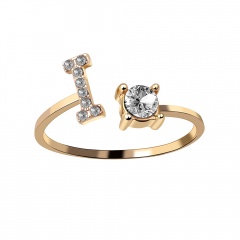 Unisex Gold Color A-Z 26 Letters Initial Name Rings Geometric Alloy wiht Rhinestone Open Cuff Finger Rings Engagement Jewelry I