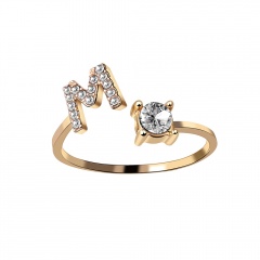 Unisex Gold Color A-Z 26 Letters Initial Name Rings Geometric Alloy wiht Rhinestone Open Cuff Finger Rings Engagement Jewelry M