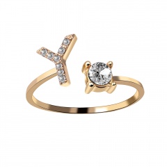 Unisex Gold Color A-Z 26 Letters Initial Name Rings Geometric Alloy wiht Rhinestone Open Cuff Finger Rings Engagement Jewelry Y
