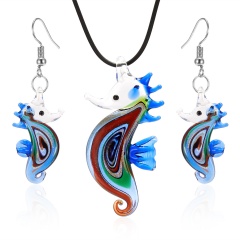Decorated seahorse pendant glass necklace earring set dark blue
