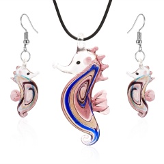 Decorated seahorse pendant glass necklace earring set purple