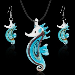 Decorated seahorse pendant glass necklace earring set wathet blue