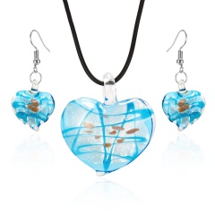 Heart-shaped flower pendant glass necklace earring set Blue