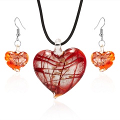 Heart-shaped flower pendant glass necklace earring set Red