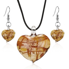Heart-shaped flower pendant glass necklace earring set Light coffee color
