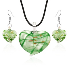 Heart-shaped flower pendant glass necklace earring set Green