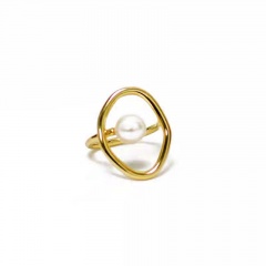 Geometric Pearl Round Ring Gold Band Women Finger Knuckle Size 7 Statement Pearl