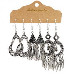 3pair/set Retro Geometric Tassel Turquoise Earrings Set Women Girls Drop Hook Jewelry Silver Tassel