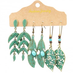 3pair/set Retro Geometric Tassel Turquoise Earrings Set Women Girls Drop Hook Jewelry Leaf