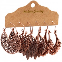 3pair/set Retro Geometric Tassel Turquoise Earrings Set Women Girls Drop Hook Jewelry Feather