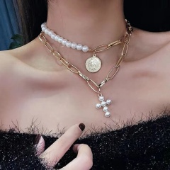 Fashion Queen Pearl with Gold Chain Cross Necklace Women's Short Double Rows Charm Necklace Jewelry Cross