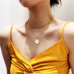Mulltilayer Punk Gold Coin Lock Heart Pearl Pendant Necklaces Women Long Chain Gold