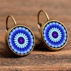 Boho Flower Drop Earrings For Women Vintage Jewelry Geometric Pattern Round Earrings Jewelry Bohemian Earrings Blue