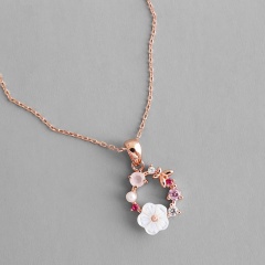Creative Women Butterfly Flowers Shell Necklace Crystal Pearl Pendant Jewelry Flower