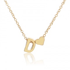Fashion 26 Letter with Heart Pendant Necklace Gold Chain Short Alloy Necklace Jewelry Gift D