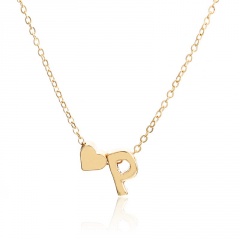 Fashion 26 Letter with Heart Pendant Necklace Gold Chain Short Alloy Necklace Jewelry Gift P