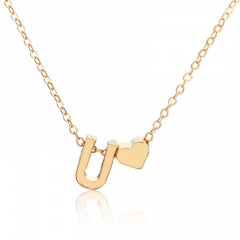 Fashion 26 Letter with Heart Pendant Necklace Gold Chain Short Alloy Necklace Jewelry Gift U