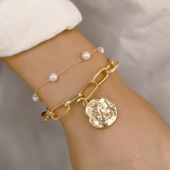 Double-deck pearl rectangular geometric figure bracelet Golden