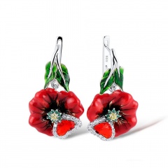 Inlaid CZ Flower Silver earrings Red
