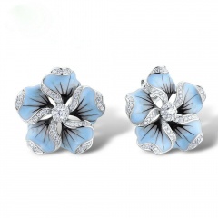 Inlaid CZ Flower Silver earrings Blue