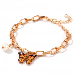 Fashion Imitation Pearl Chain Butterfly Pendant Bracelet yellow