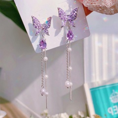 Wholesale Fashion Cubic Zirconia Wiith Pearl Rhinestone Gemstone Butterfly Earring Purple