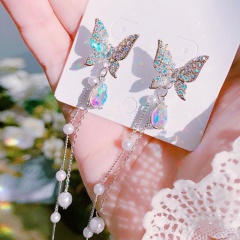 Wholesale Fashion Cubic Zirconia Wiith Pearl Rhinestone Gemstone Butterfly Earring AB colorful