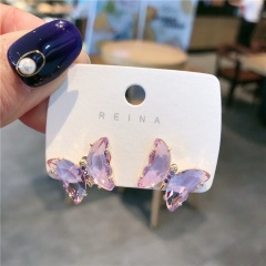 Crystal Butterfly Stud Ring Necklace Purple earrings